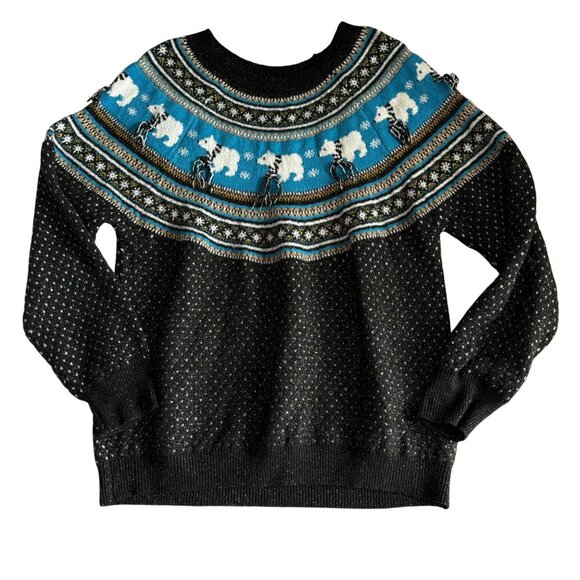 Holiday Time Sweater Womens 1X Christmas Polar Bear Black Blue Fair Isle - Picture 1 of 9